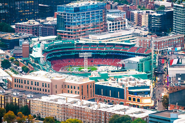 A shot of seats for baseball fans in Fenway Park.