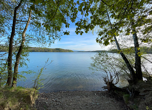 istock Calm lake water reflecting sky framed by trees 2249090569