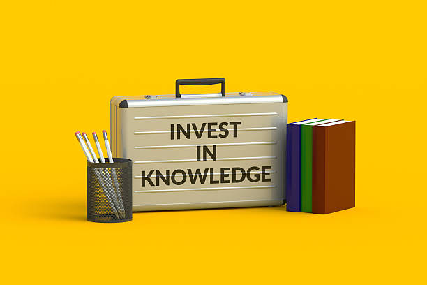Invest in knowledge words on suitcase. Studying concept. Improving skills. Investing in yourself. Increasing mastery. 3d render