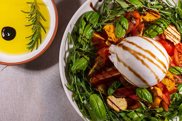 Burrata Salad with Fresh Tomatoes, Basil, Arugula and Olive Oil Dip