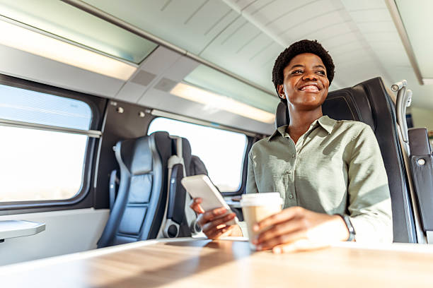 istock Smiling Woman Relaxing on a Comfortable Train Journey With Coffee and Smartphone 2249099647