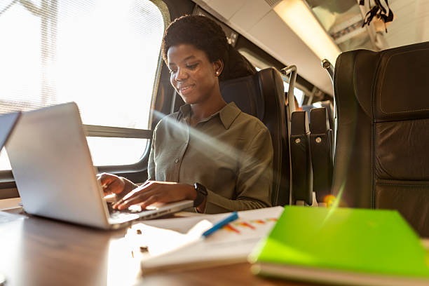 istock Young Professional Woman Working on Laptop While Commuting on Modern Train 2249099669