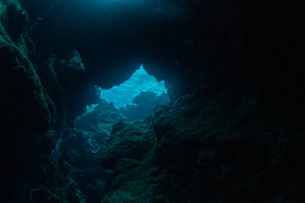 istock Looking Up from Inside an Underwater Cavern with Natural Rock Openings 2249101631