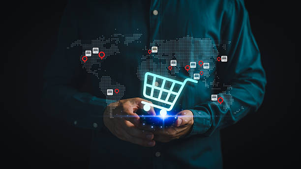 istock Digital shopping cart icon with global map and network connection, symbolizing e-commerce, online retail, worldwide business, shopping online, internet marketing and global digital trade concept. 2249103186