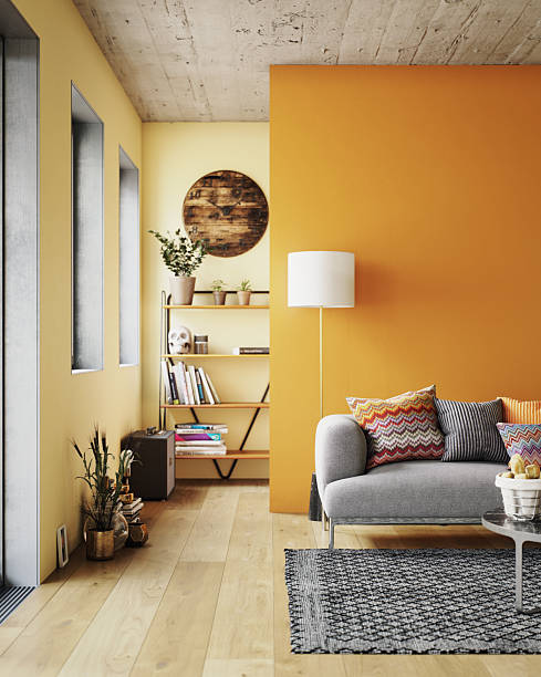 istock Bright Retro Living Room Corner with Orange Accent Wall 2249106325