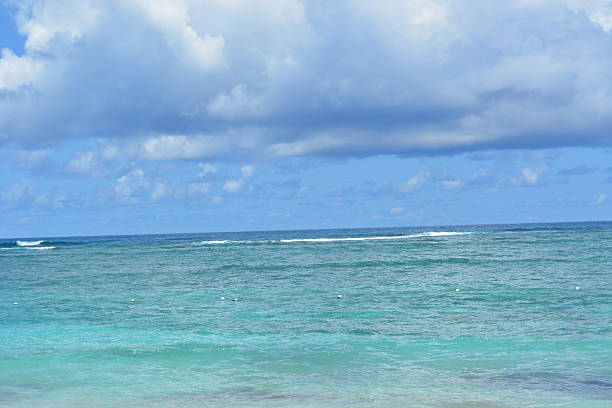 Waves roll softly against the shore, reflecting shades of blue and green. Fluffy clouds drift across the bright sky, creating a tranquil atmosphere by the water.