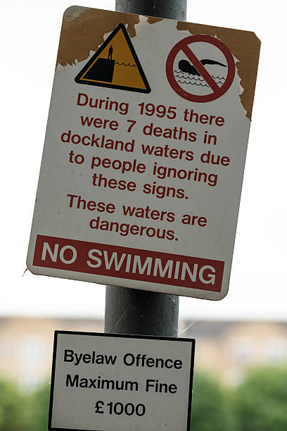 istock No swimming and warning sign at a dockland 2249113428