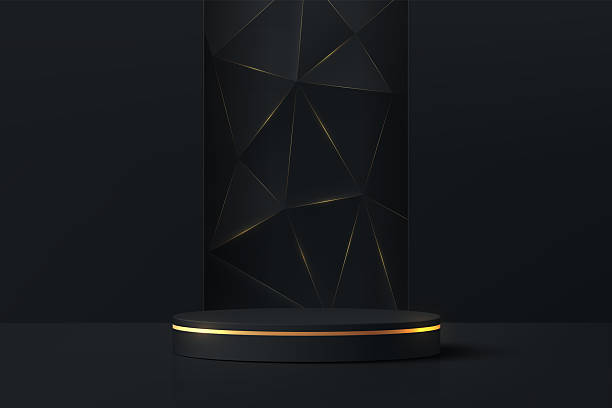 istock Black 3D cylindrical podium background with black polygon and golden line. Black Friday theme. Minimalist Platforms mockup pedestal design. Abstract stands product display presentation. Stage showcase 2249117049
