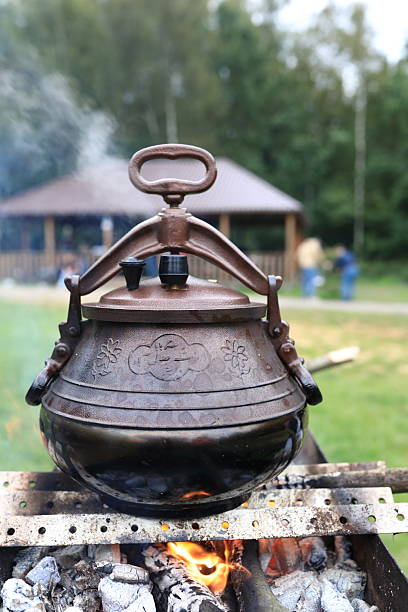 An intricately designed metal kettle sits atop a rustic fire pit, billowing steam into the cool air in a lush green outdoor environment. The scene captures the essence of traditional cooking methods and the comforting warmth of outdoor gatherings.
