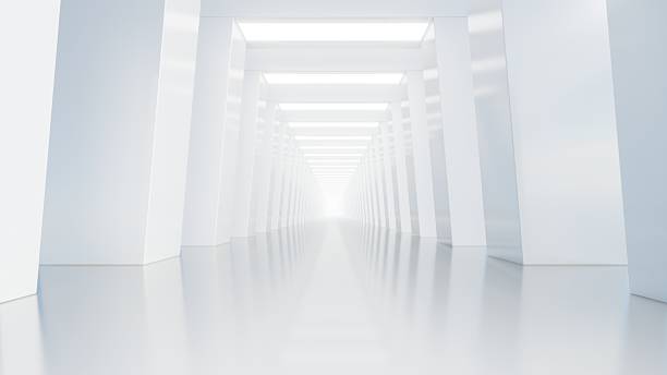 istock Abstract architecture tunnel space with empty white concrete floor, Geometric with neon light, Sci-fi interior for product presentation, 3d rendering 2249119978