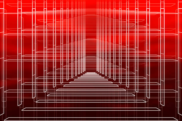 Abstract image composed of futuristic geometric skeleton-style white neon light illuminations against a bloody red sea surface background.
