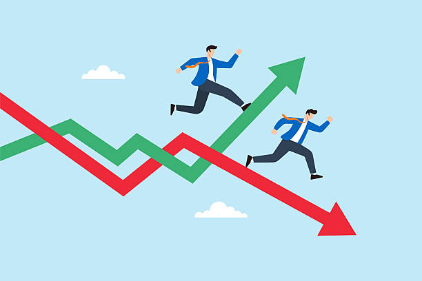 istock Flat illustration of businessmen running on rising and falling graph arrows symbolizing market trend and business risk 2249124317