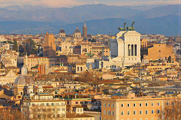 Aerial view of Rome city center from above. Beautiful panoramic sunset view over Roma.