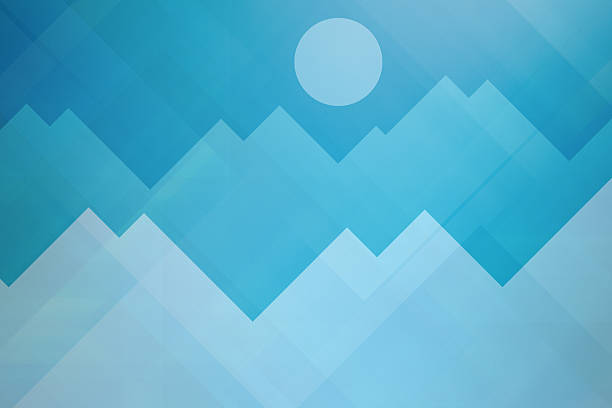 A digital design depicts a stylized mountain range rendered in various shades of blue, with geometric shapes forming the peaks and slopes under a soft, circular light resembling the sun or moon. The artwork evokes a sense of calm and minimalism, perfect for backgrounds, web design, or conveying a modern, tranquil aesthetic.