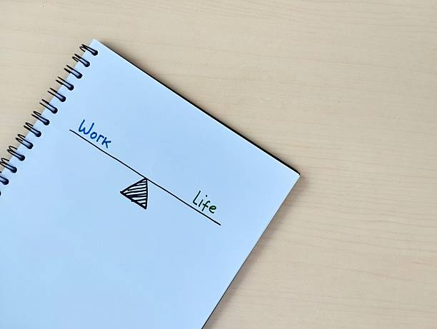 Work life balance concept, Work life balance written on notebook with wooden table background. Flat lay, Copy space