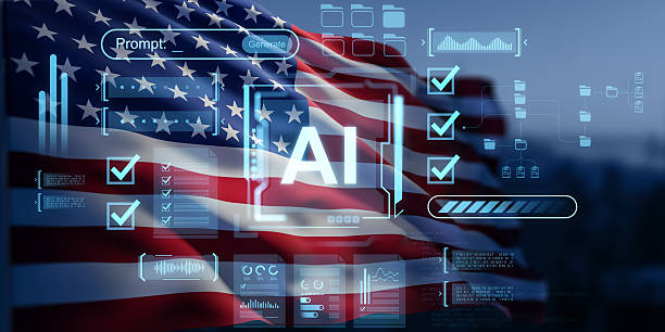 istock Futuristic AI concept interface with holographic data and prompts over American flag background symbolizes advanced U.S. technology and innovation progress. 3D Rendering 2249145095