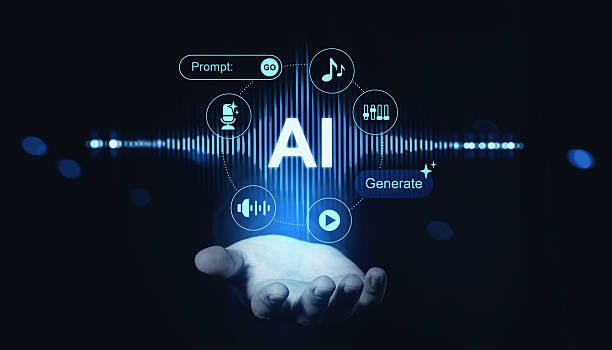 istock AI-powered music generation interface with futuristic sound icons and tech elements floating above an open hand in a glowing digital environment. 2249145682