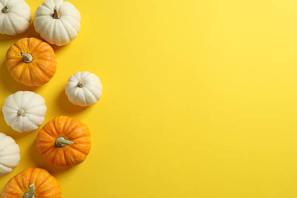 istock Beautiful autumn composition with pumpkins on a color background, top view 2249147894