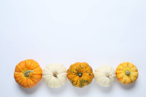 istock Top view of pumpkins and autumn decor on a white background, space for text 2249148959