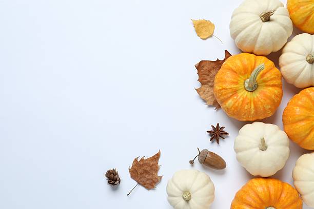 istock Top view of pumpkins and autumn decor on a white background, space for text 2249148963