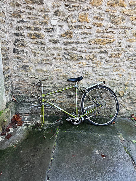 A green-painted bicycle frame is leaning against a rough, light-coloured stone wall. The bicycle is missing its front wheel and fork assembly. The ground is made of large, wet stone slabs, with a few scattered brown leaves nearby.