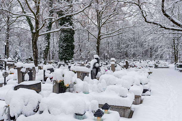 Krakow, Poland – November 23: Heavily snow-covered gravestones stand beneath bare winter trees, forming a calm, monochrome landscape. The fresh snowfall softens the contours of the cemetery.