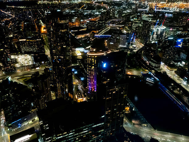 Melbourne, Australia - Sep 2, 2022: Elevated night view of Melbourne City from Melbourne Skydeck; Melbourne's highest observation platform.