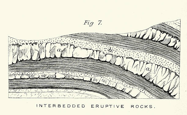 Geology diagram, Interbedded eruptive rocks,  geological formation where layers of volcanic material (eruptive rocks) are interlayered with layers of sedimentary or other non-volcanic rocks. Vintage illustration, 19th Century, Victorian