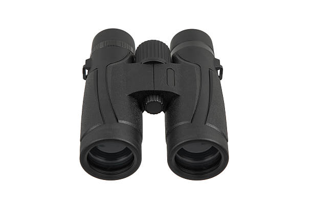 Front view of a black compact roof-prism binoculars isolated on a white background.