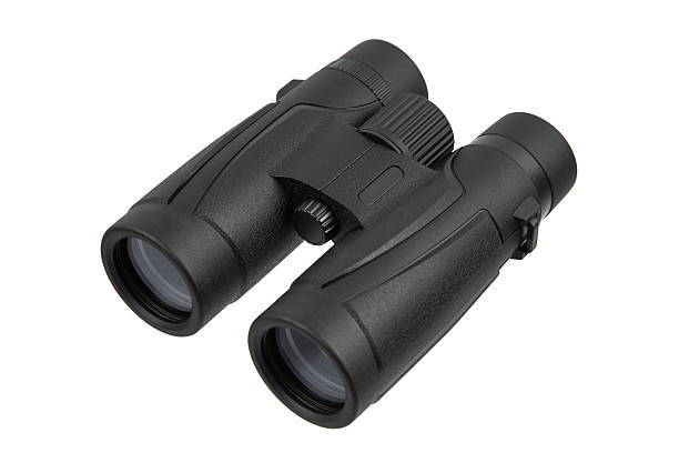 Black compact binoculars, angled view showing the large objective lenses on a white background.