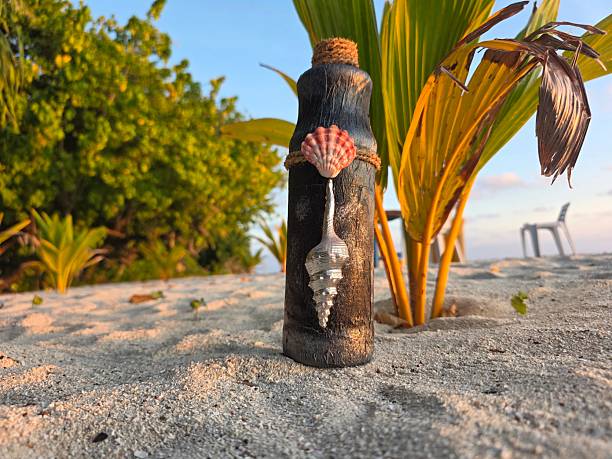 Discover paradise with this stunning ocean themed bottle art on a sandy beach at sunset, idyllic getaway