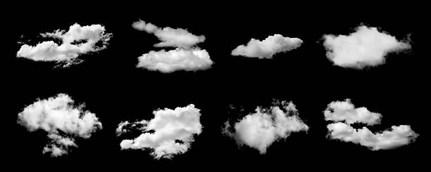 istock Realistic isolated cloud set on black background, perfect for sky replacement, and graphic design projects. High-resolution fluffy clouds with soft edges for photo compositing and effects. 2249173461