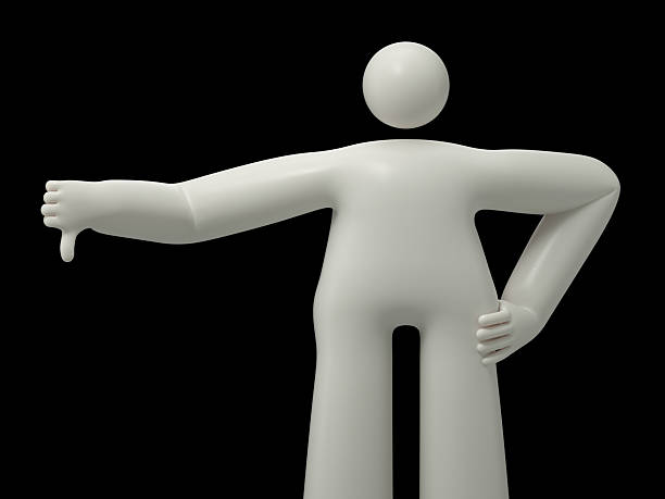 A man gives a thumbs down, symbolizing disapproval or rejection. 3D rendering, conceptual image. Isolated on white background.