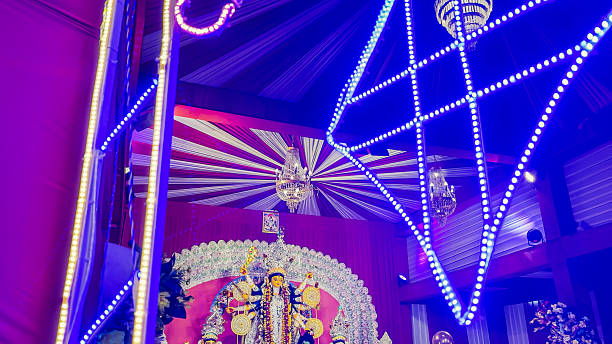istock vibrant durga idol display inside festive illuminated pandal with decorative led lights 2249191893