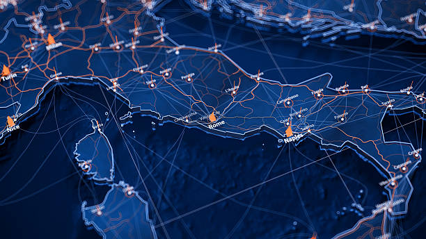 istock Rome map big data visualization. Futuristic map infographic of city in Italy. Visual map data complexity in modern blue and orange colors 2249193946