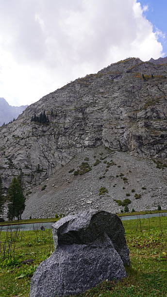 istock Dramatic mountain cliff face with evergreen trees and a large gray boulder on green grass, scale concept. 2249194726