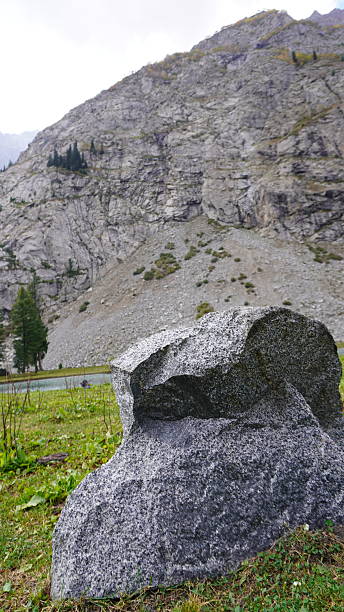 istock Large granite boulder on green grass with a massive gray rocky mountain face behind, power concept. 2249194727