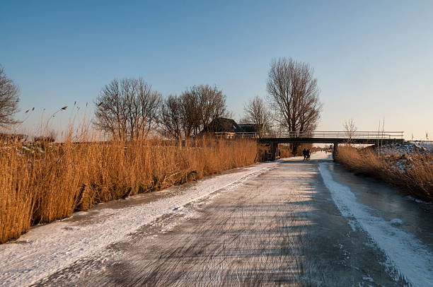 Leeuwarden, Netherlands - February 10, 2012. Winter scene showing people ice skating on a forzen canal in northern friesland.