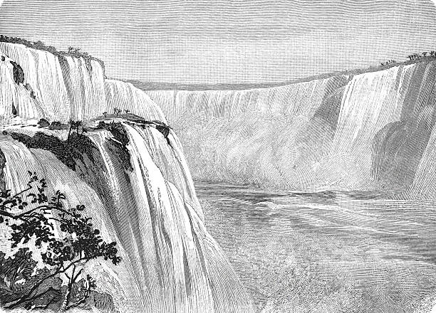 Victoria Falls with massive water curtain and mist clouds on Iguazu River, Parana tributary, showing Brazil-Argentina border geography and subtropical waterfall formation processes, old vintage illustration, 1899