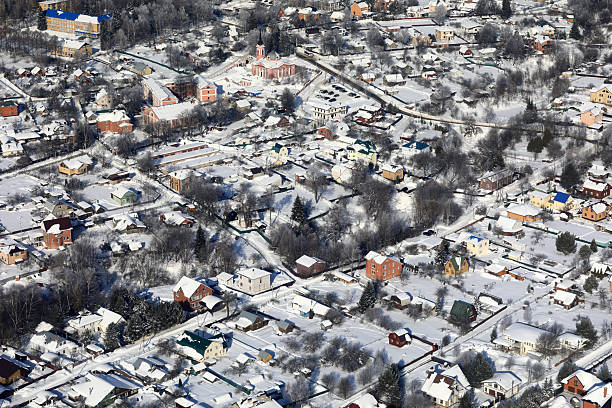istock Aerial top view of snow-covered small town 2249201906