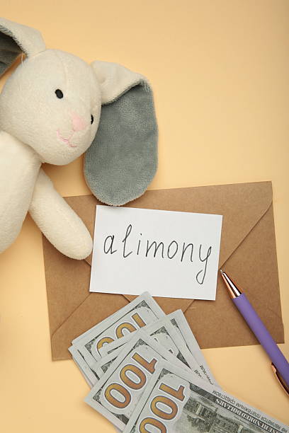 Toy bunny and envelope with word Alimony and money on beige background. Top view