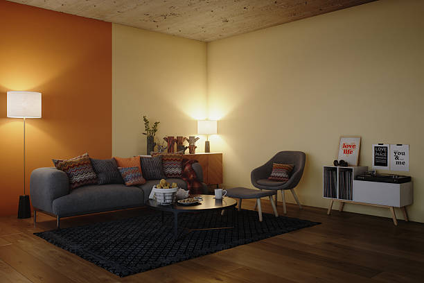 istock Retro Living Room With Orange Accent Wall at Night 2249210768
