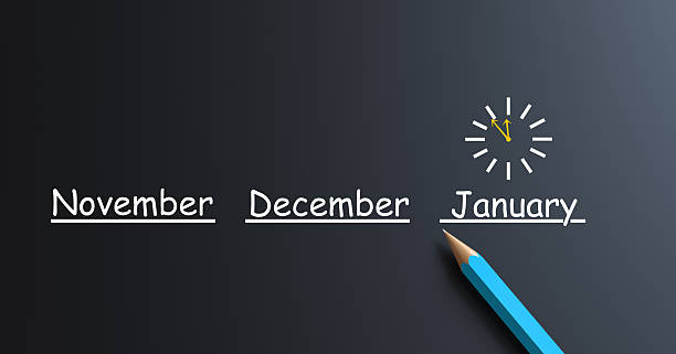 istock JANUARY Calendar with Clock on Chalkboard Background 2249215026