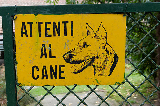 Yellow warning sign to beware of a guard dog