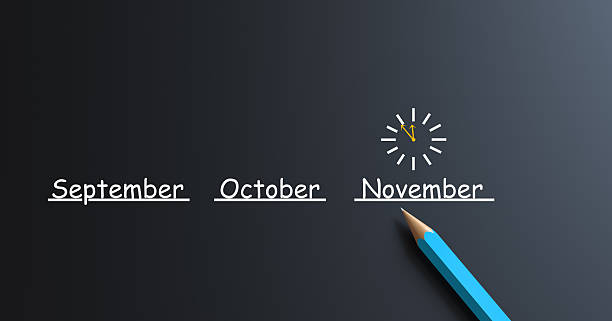 istock NOVEMBER Calendar with Clock on Chalkboard Background 2249217482