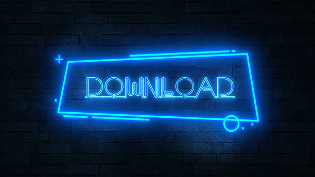 istock Neon text, Download typography, dark wall background 2249217503