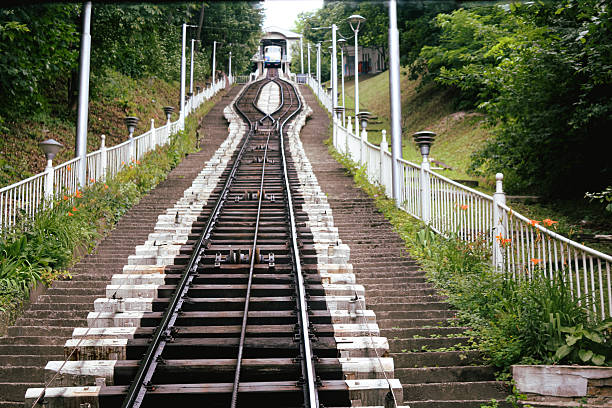 Famous retro funicular tram on a sunny summer day Kyiv funicular