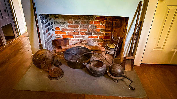 a old fireplace with old pots and pans s