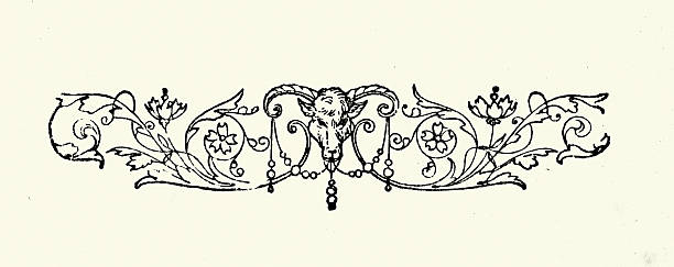 Horned beast and Filigree, Design element, Victorian, Woodblock, Vintage illustration, 19th Century, Victorian