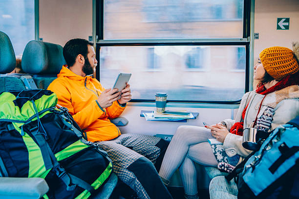 istock Young Couple Traveling by Train with Backpacks 2249222025